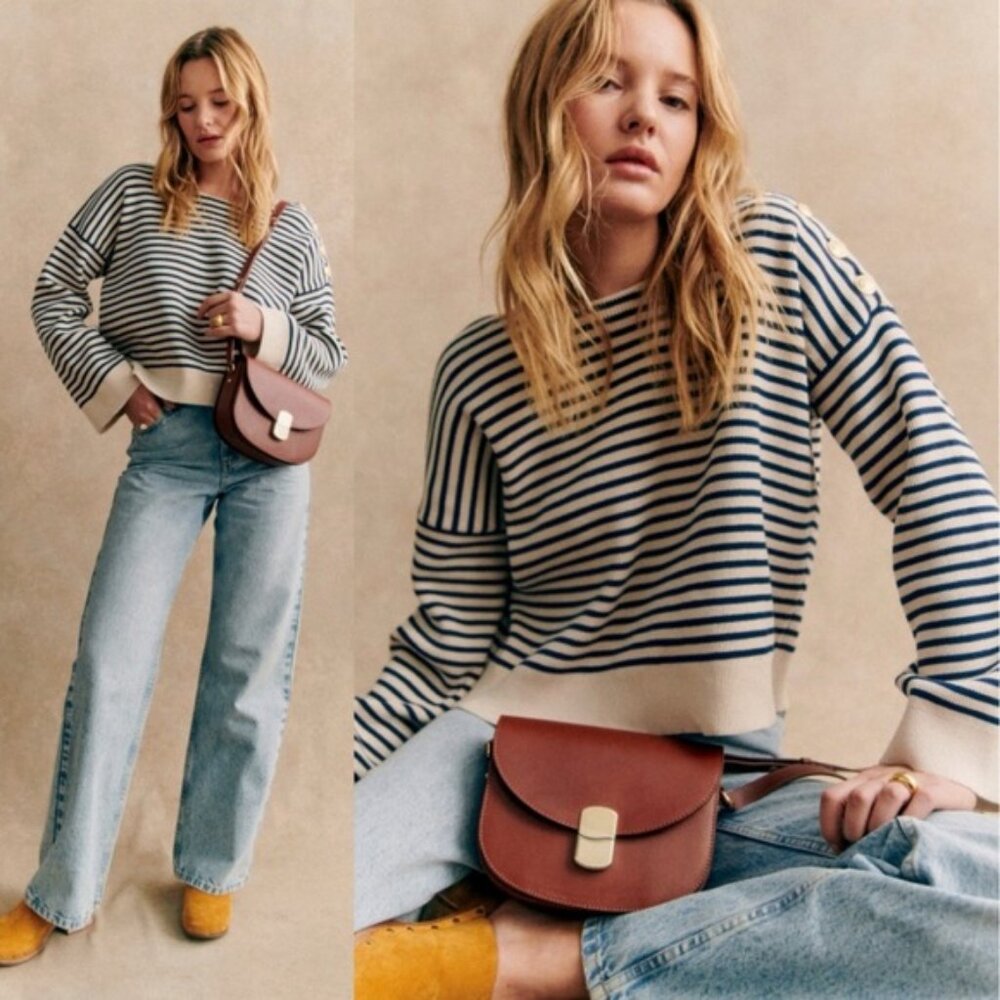 Sezane Daisy Jumper Sweater Natural Navy Blue Striped Size Large Gold Buttons